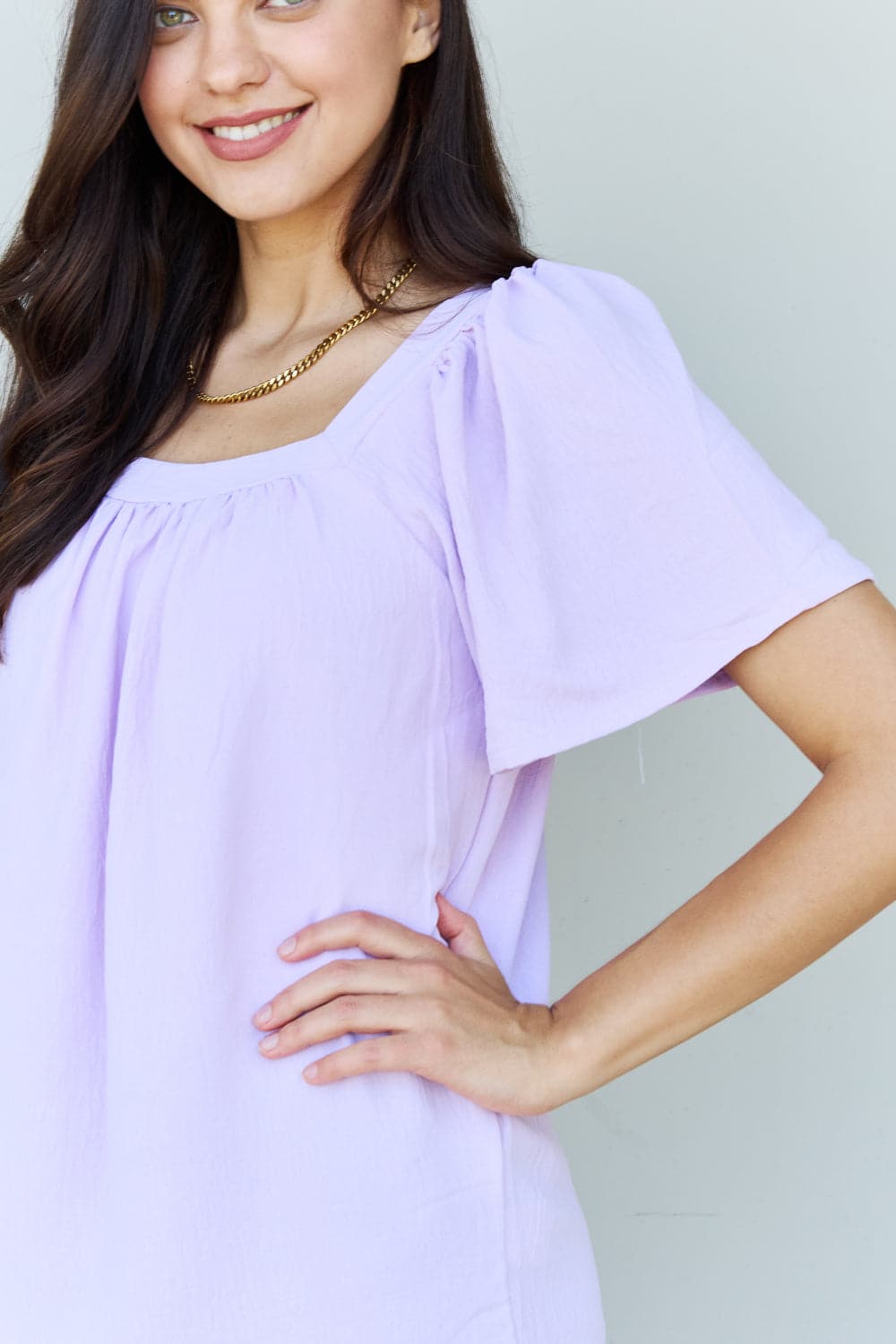 Ninexis Keep Me Close Square Neck Short Sleeve Blouse in Lavender.