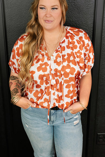 Floral Delight: Plus Size Orange V Neck Blouse with Drawstring Detail