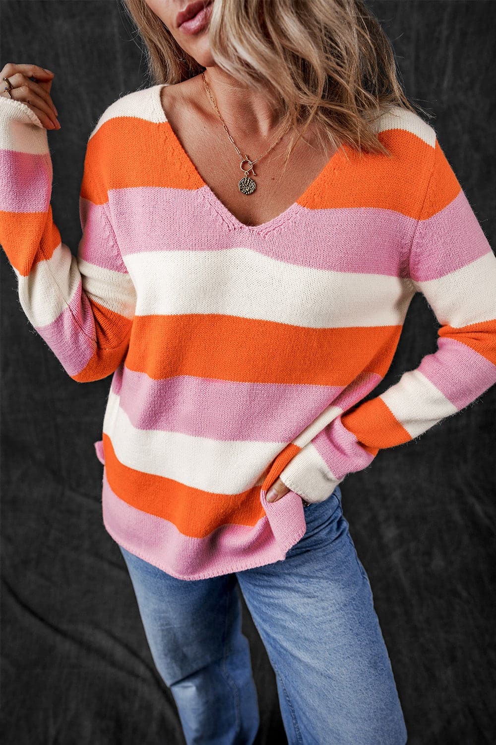 Color Block V-Neck Long Sleeve Sweater.