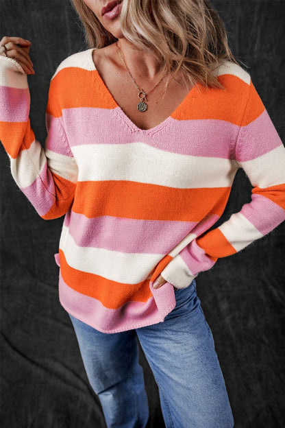 Color Block V-Neck Long Sleeve Sweater.