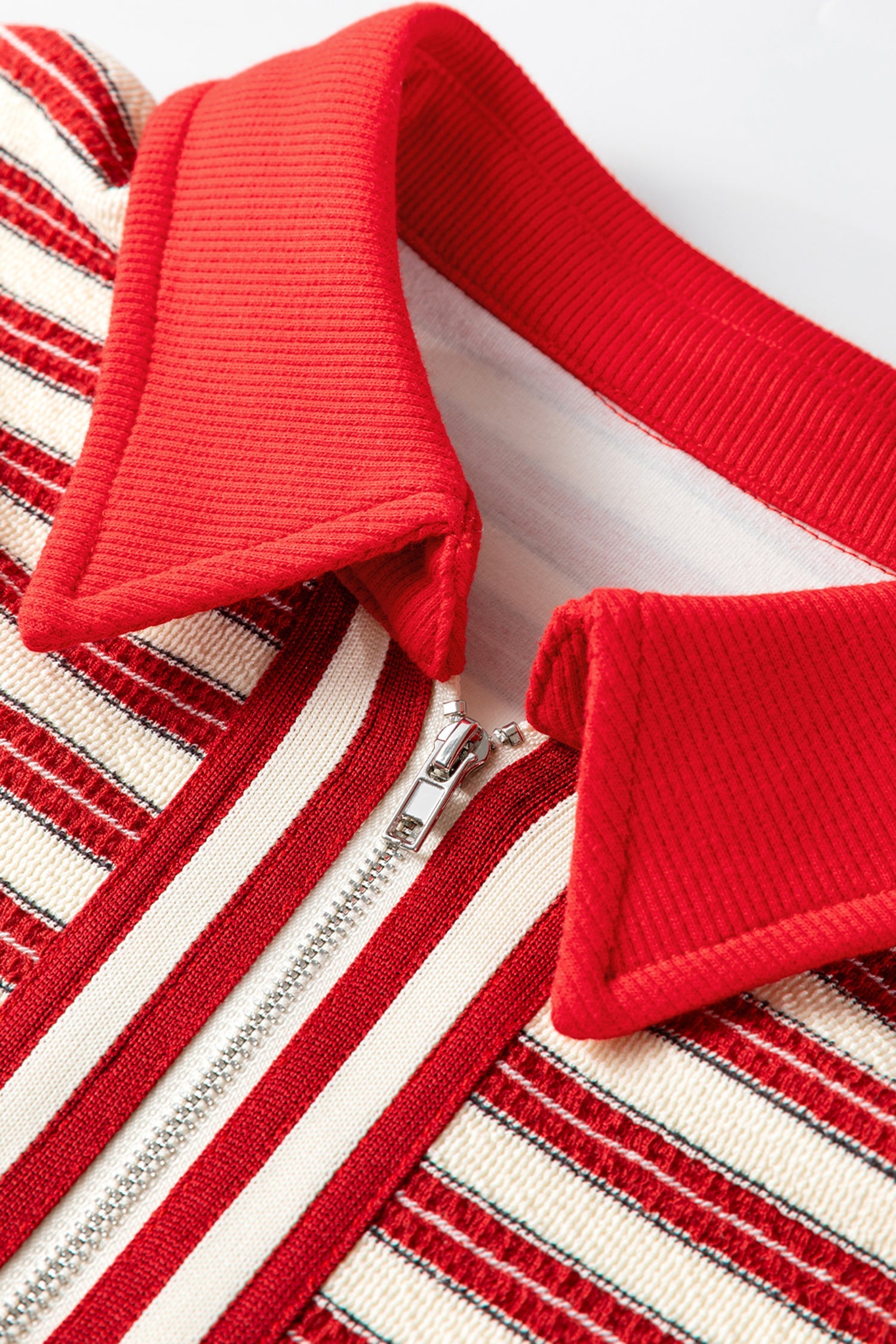 Racing Red Striped Print Contrast Collar Zip V Neck Long Sleeve Top Dear-Lover Dropshipping