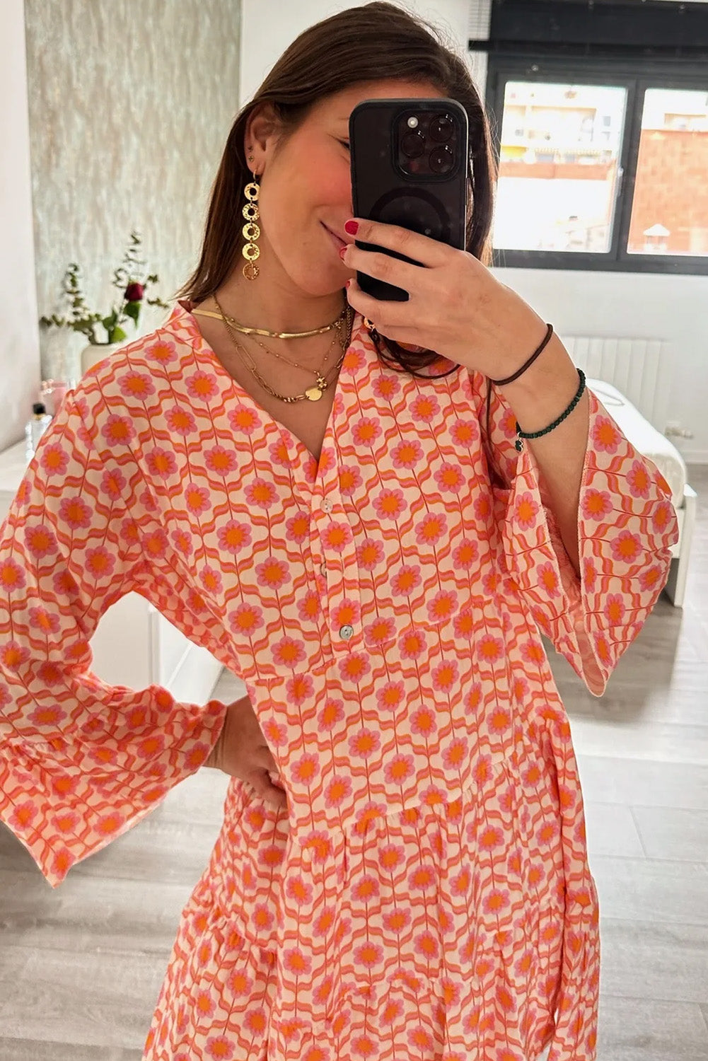 Chic Orange Floral Print Flounce Sleeve Buttoned Front Mini Dress