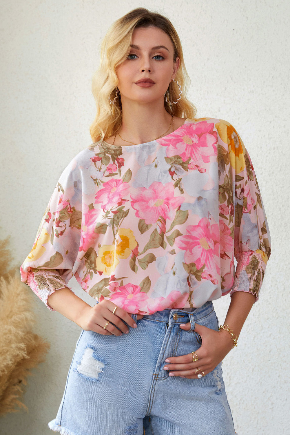Floral Round Neck Three-Quarter Sleeve Top Coco’s Tee Boutique
