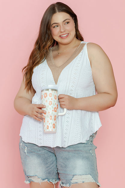 Elegant white plus size lace tank top with v-neck design