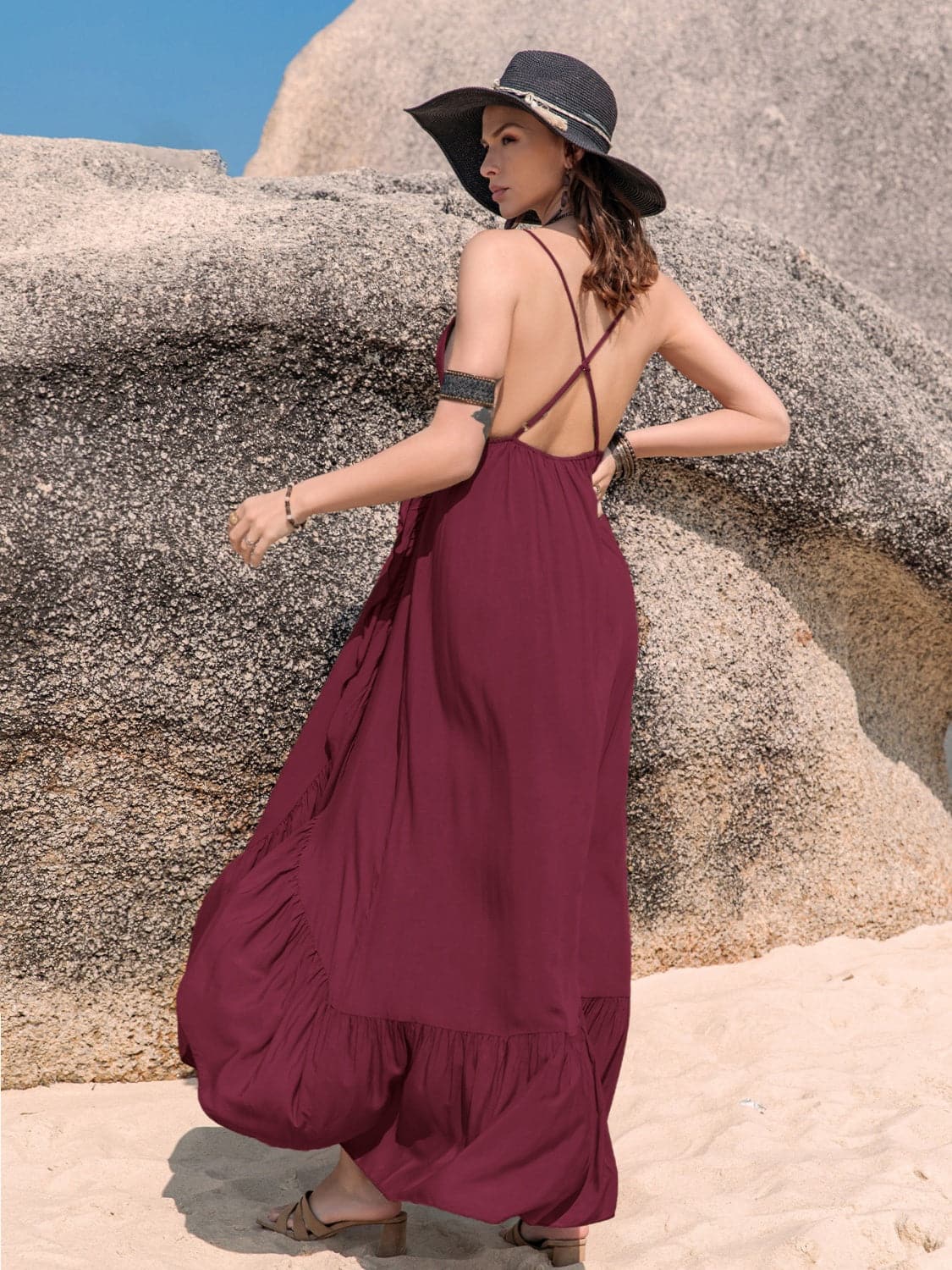 Crisscross Back Drawstring Ruffle Trim Maxi Dress.