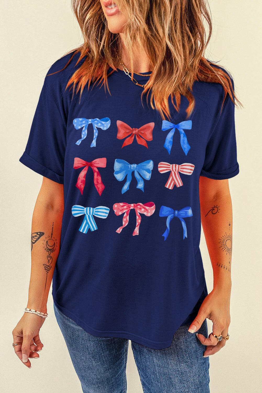 Bow Graphic Round Neck Short Sleeve T-Shirt with colorful bow designs for casual elegance.