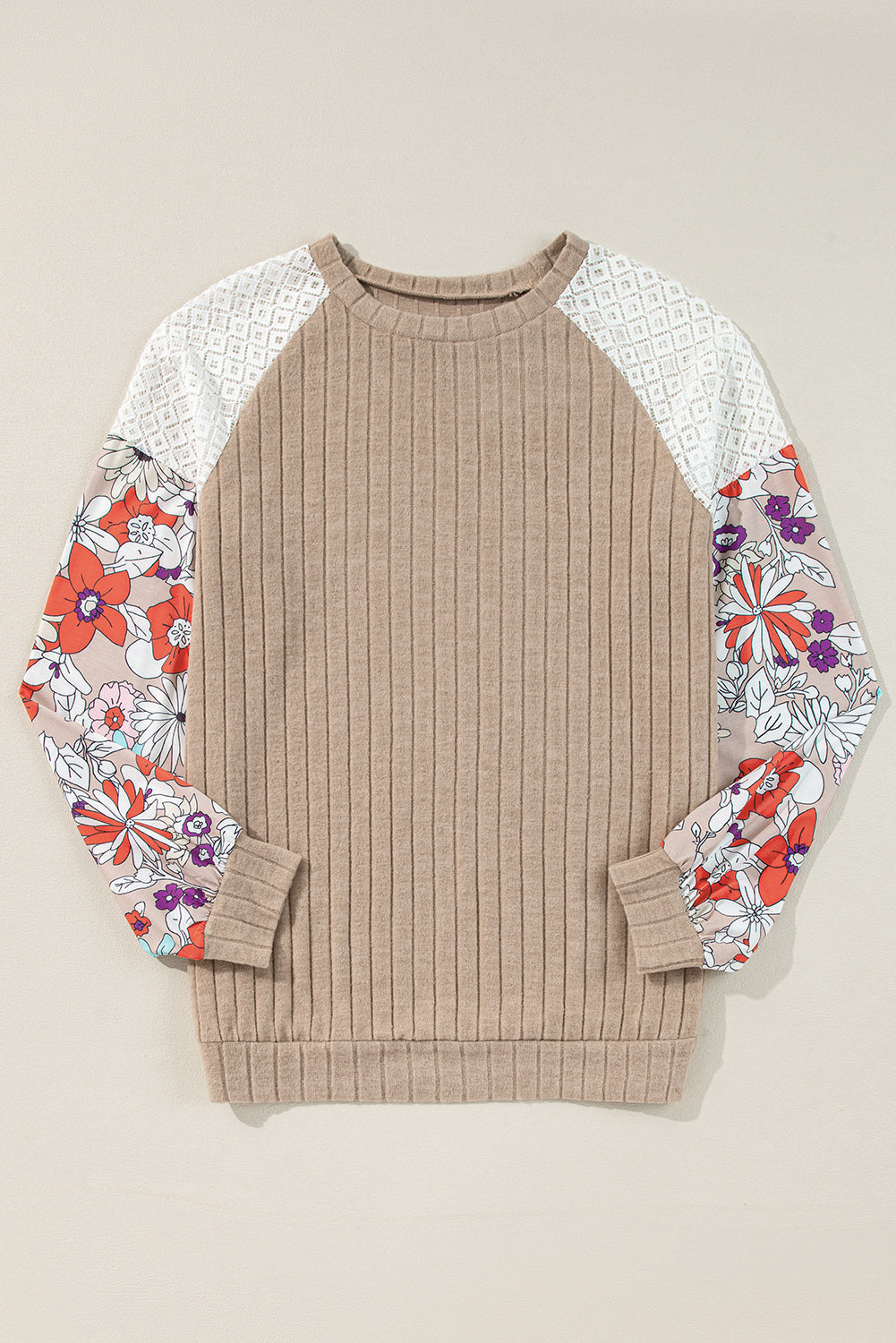 Bailey Patchwork Long Sleeve Ribbed Blouse with Floral Lace Detail - Love Salve 