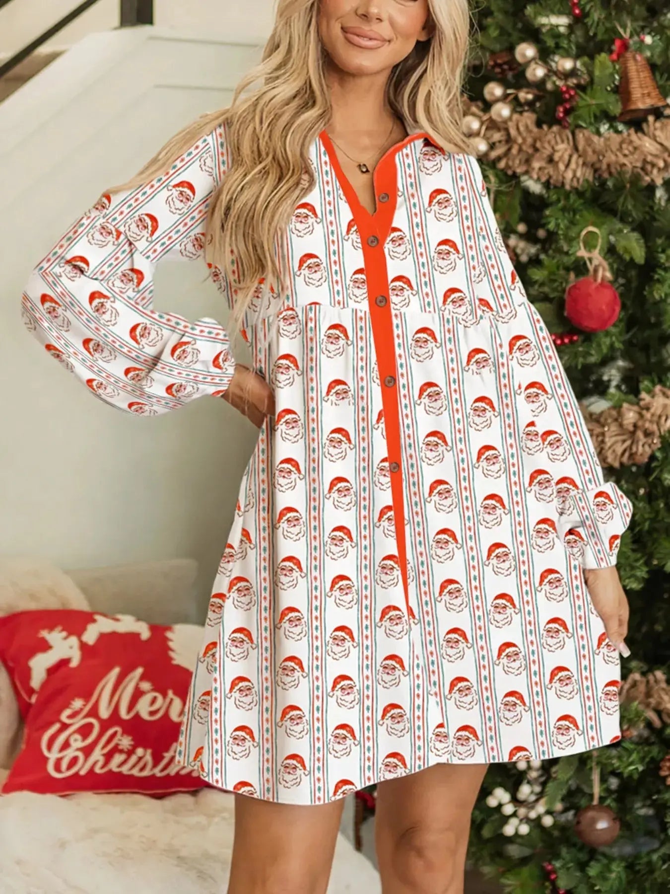 Christmas Santa Print Button Front Mini Dress Simply Love