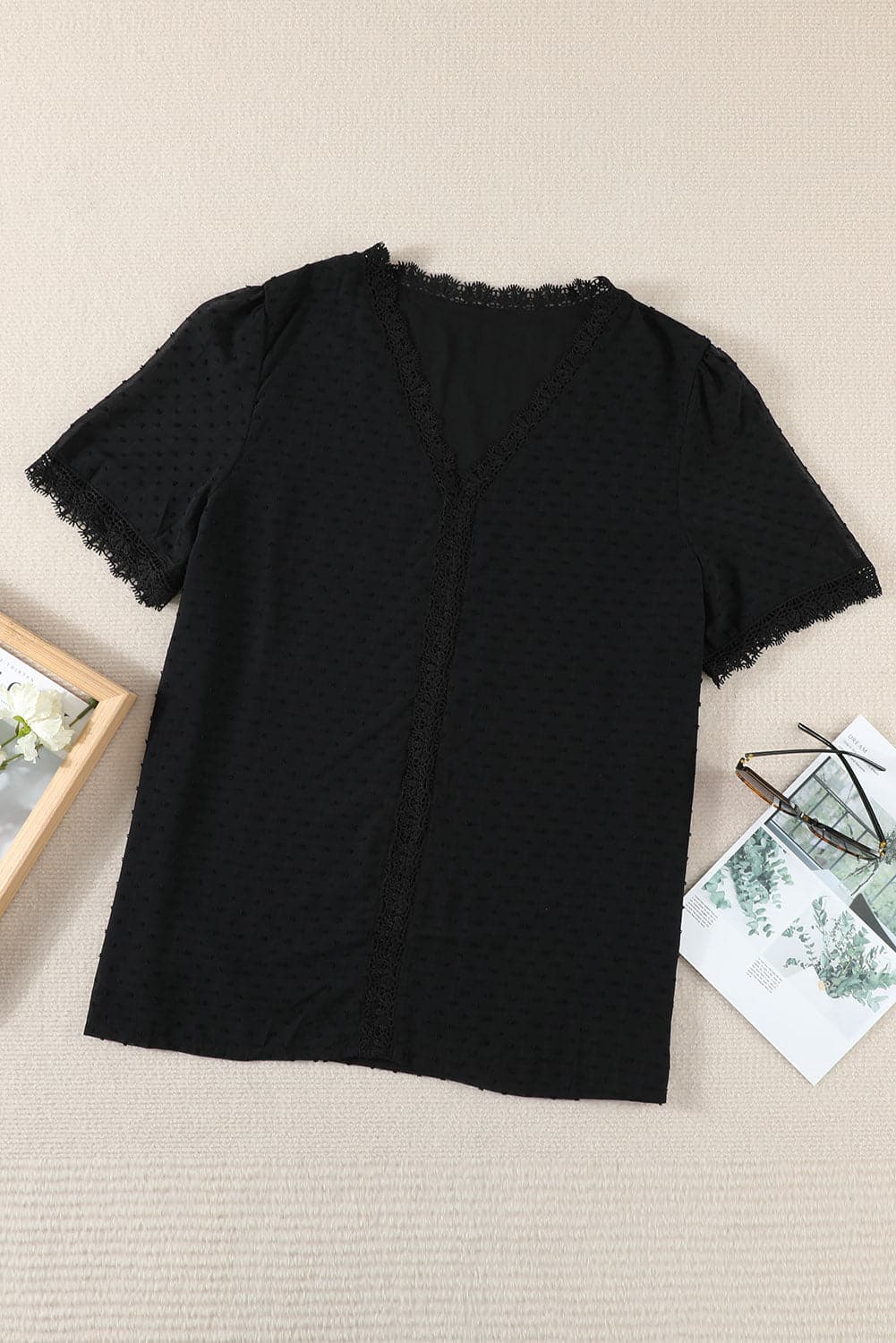 Plus Size Swiss Dot Spliced Lace V-Neck Blouse.