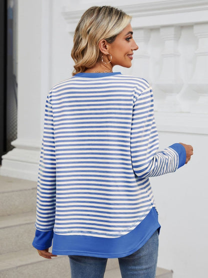 Striped Round Neck Long Sleeve Sweatshirt.