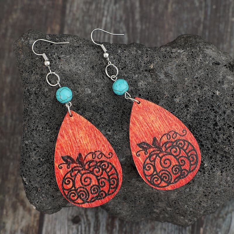 Turquoise Wooden Pumpkin Teardrop Earrings.