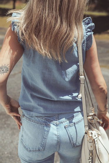 Frilly Ruffle Trim V Neck Chambray Tank