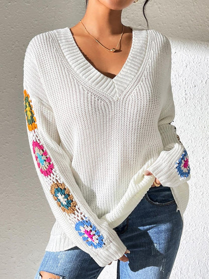 Floral crochet V-neck pullover sweater