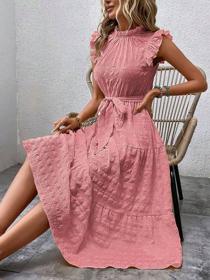 Tied Ruffled Cap Sleeve Midi Dress.