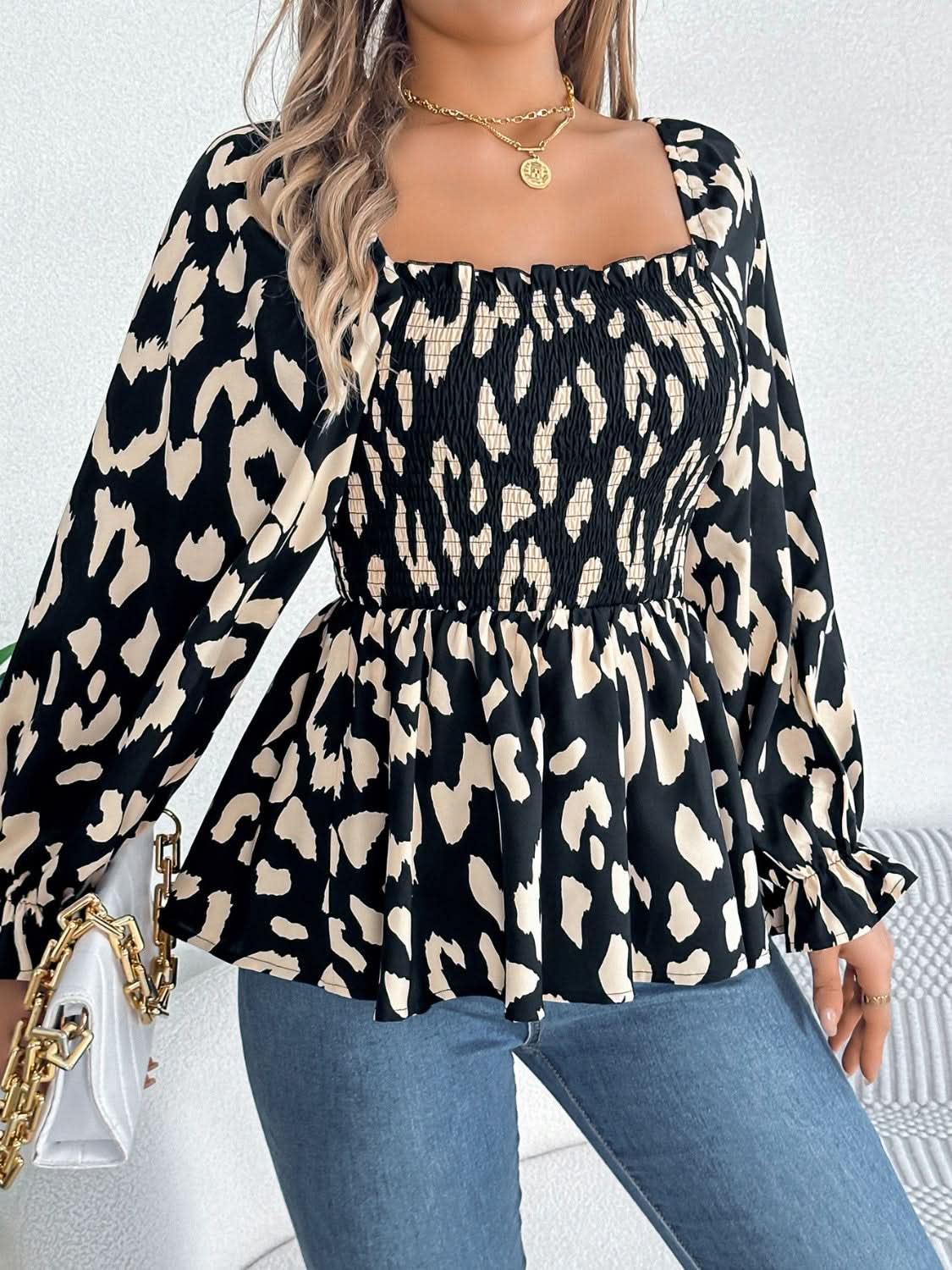 Ruffled square neck blouse with flounce sleeves