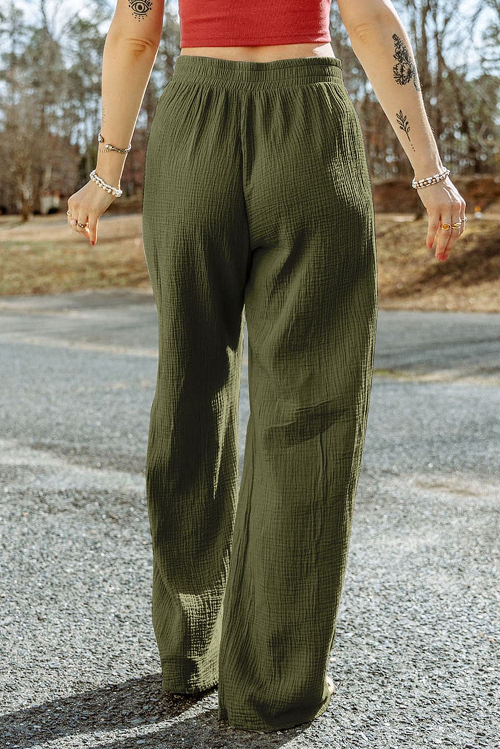 Texture Tied Wide Leg Pants.