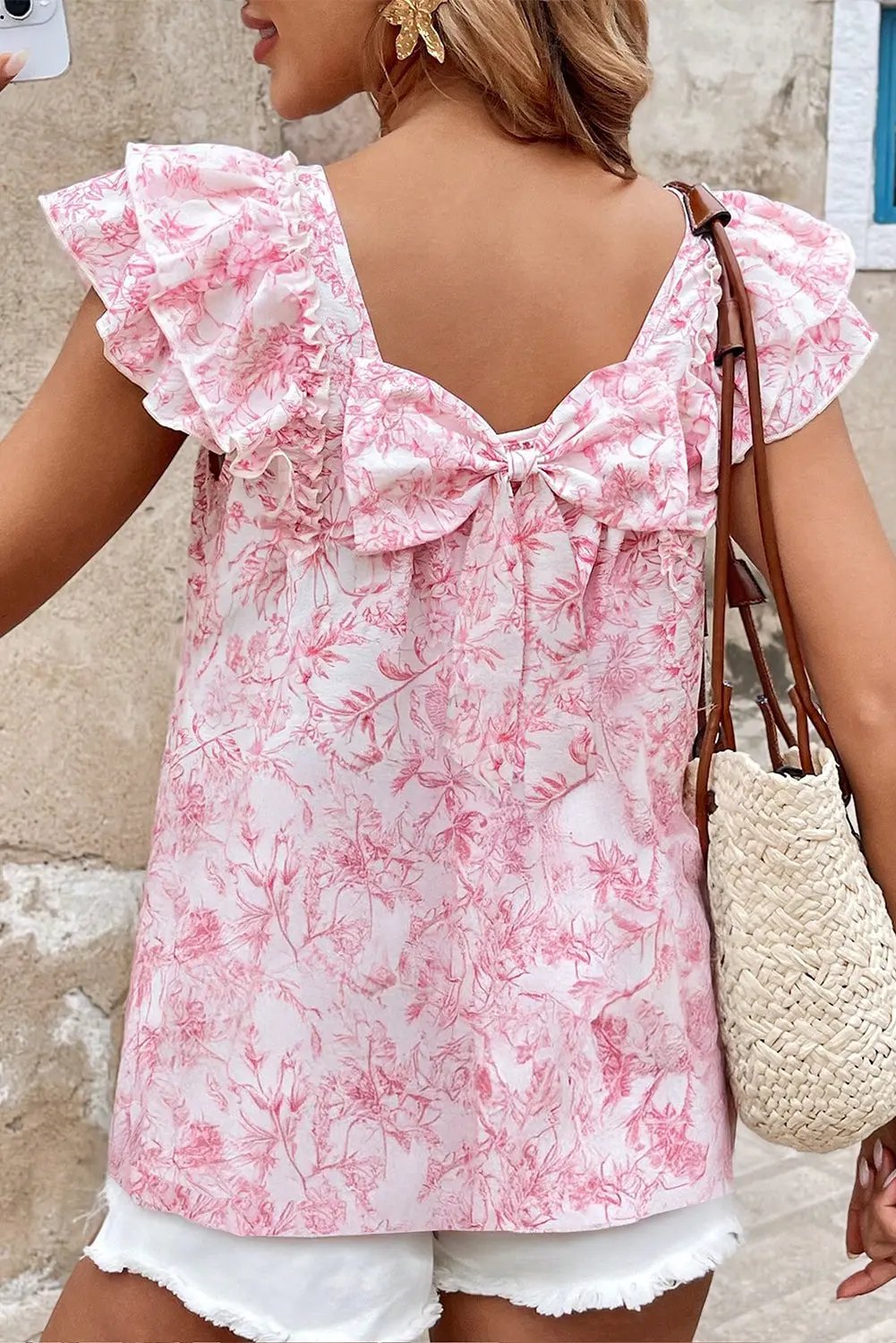 Pink Floral Ruffled Short Sleeve Bow Back Square Neck Blouse Love Salve