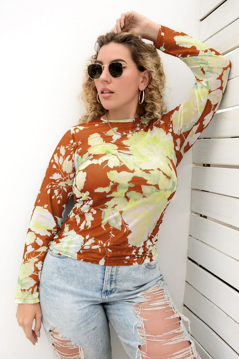 Plus Size Printed Round Neck Long Sleeve Blouse.