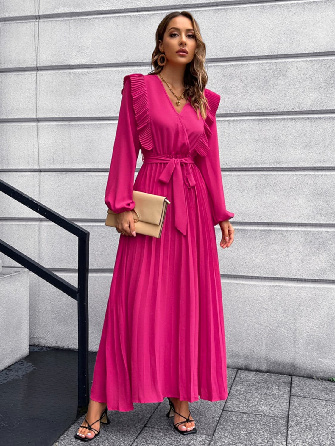 Pleated Surplice Tie Waist Maxi Dress.