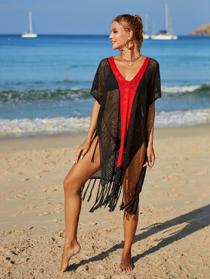 Contrast Fringe Trim Openwork Cover-Up Dress.