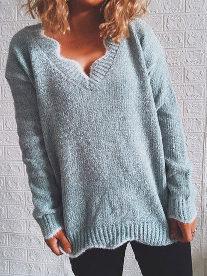 Notched Dropped Shoulder Long Sleeve Sweater.