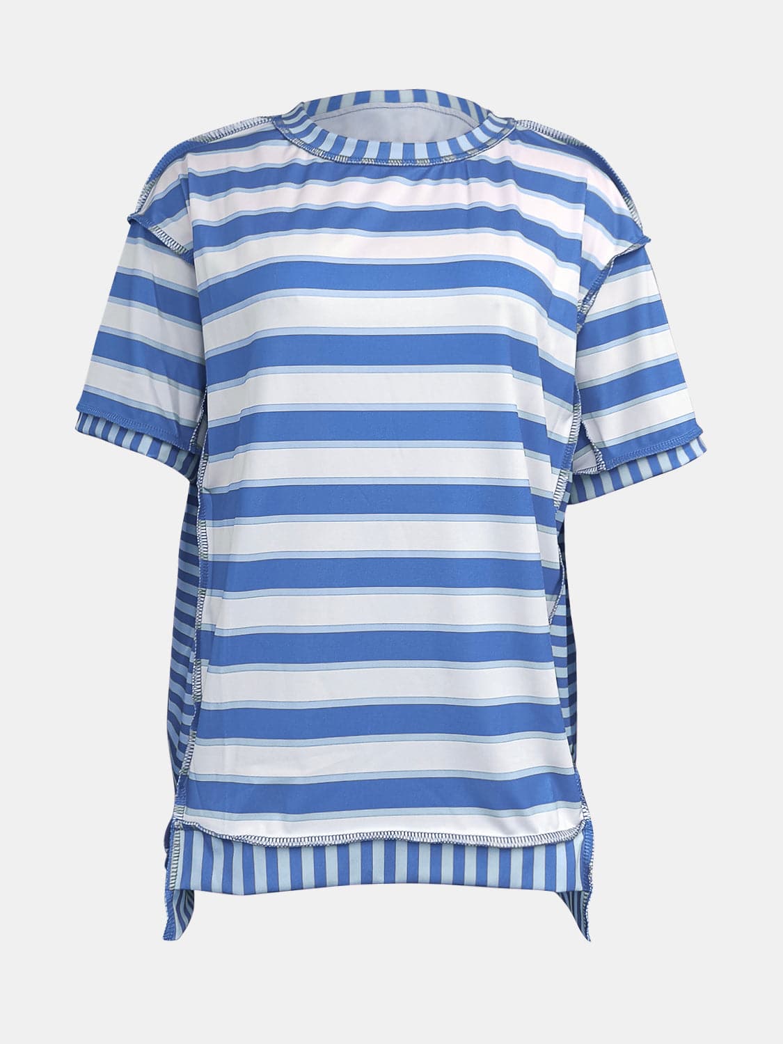 Full Size Contrast Stitching Striped Round Neck T-Shirt.