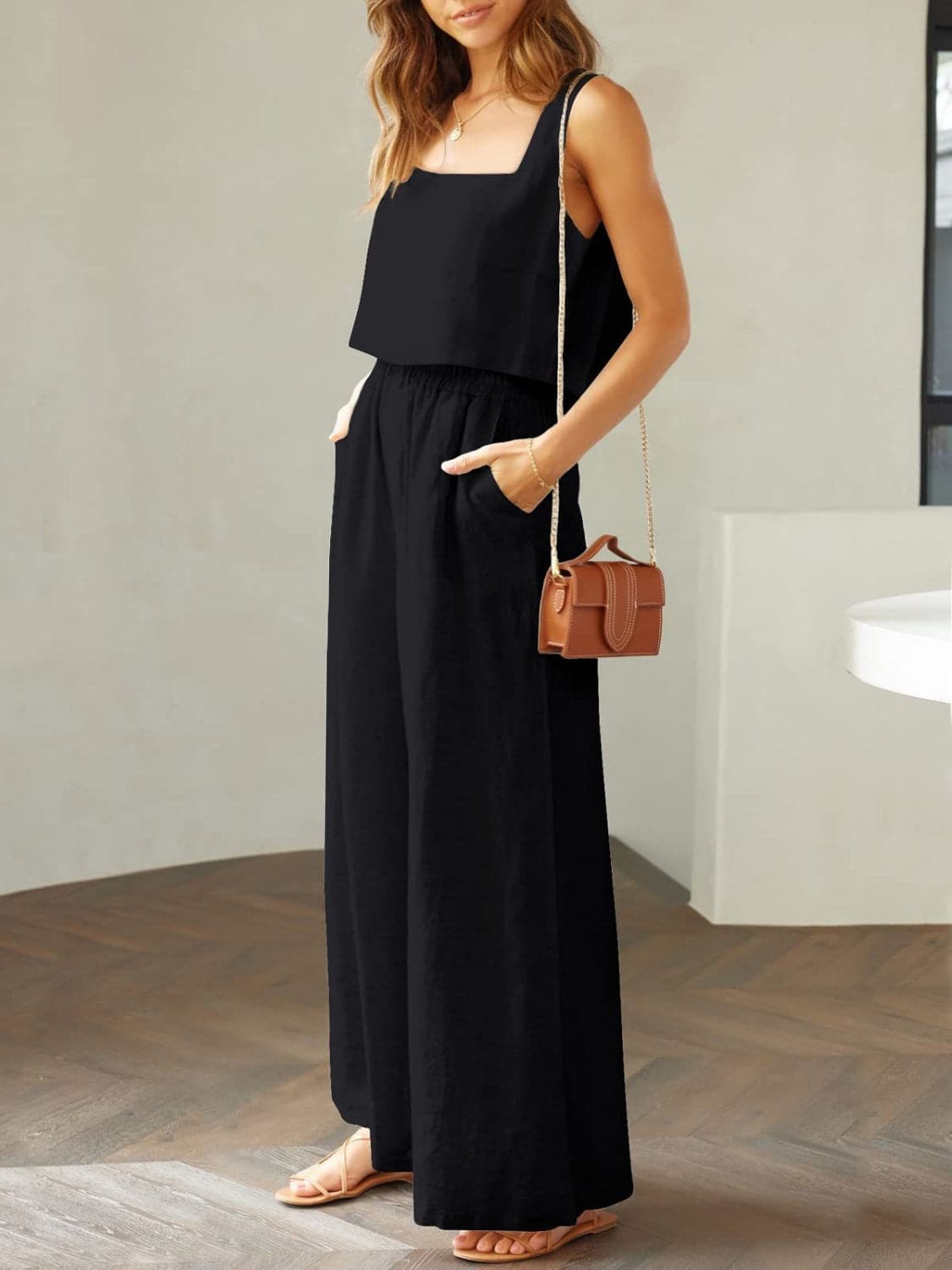 Square Neck Top and Wide Leg Pants Set.