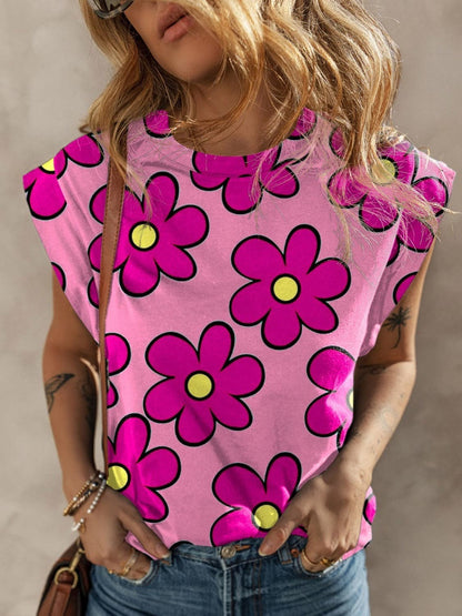 Flower Printed Round Neck Cap Sleeve Blouse.