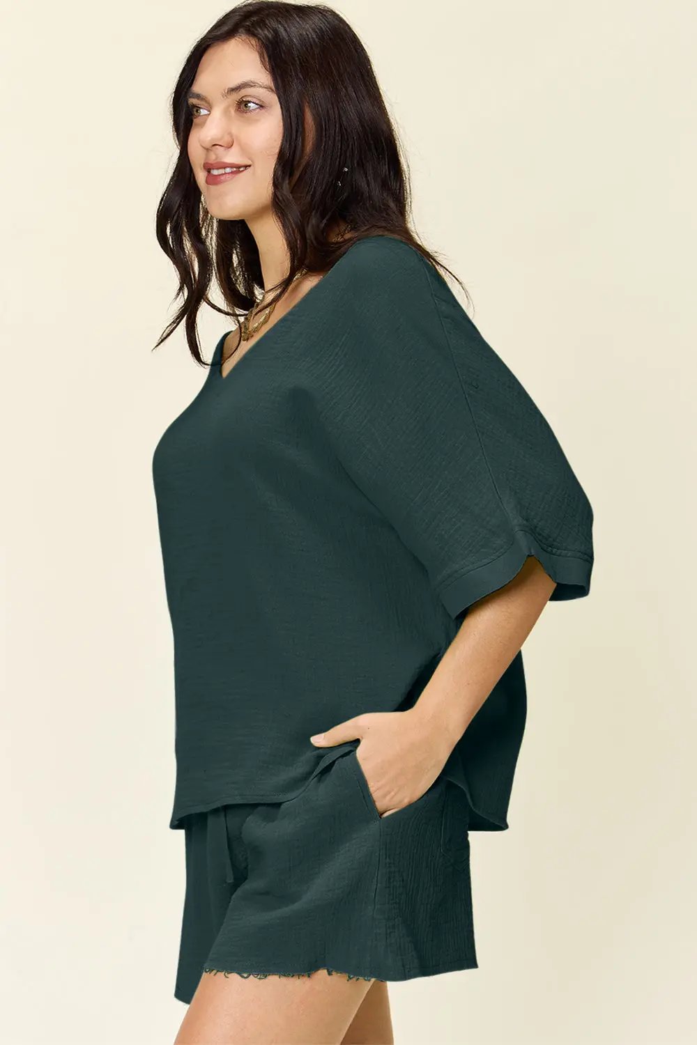 Double Take Texture Half Sleeve T-Shirt and Drawstring Shorts Set - Love Salve