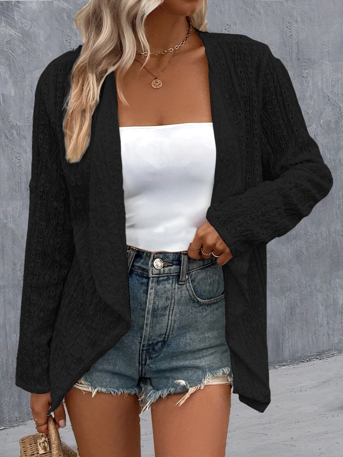 Eyelet Roll-Tab Sleeve Cardigan.