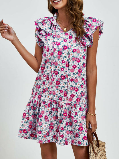 Tied Floral Cap Sleeve Mini Dress.