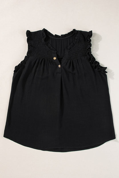 Chic black ruffled neck tank top with button detail