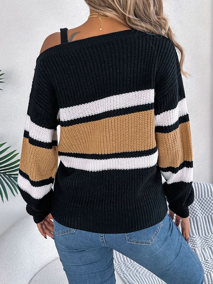 Chic asymmetrical neck sweater in color block