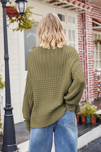 Ribbed Drop Shoulder Lantern Sleeve Sweater.