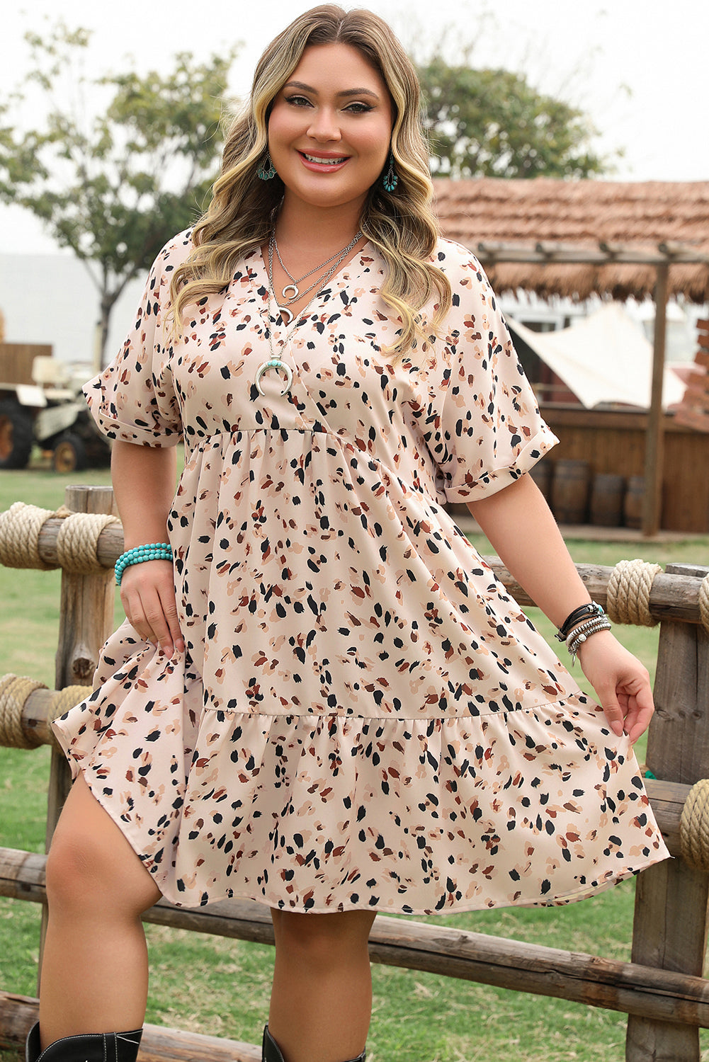 Beige Printed Surplice V Neck Cuffed Sleeve Empire Waist Plus Size Dress Dear-Lover Dropshipping