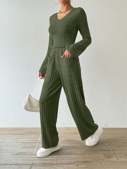 Chic ribbed V-neck long sleeve top and pocketed lounge pants set