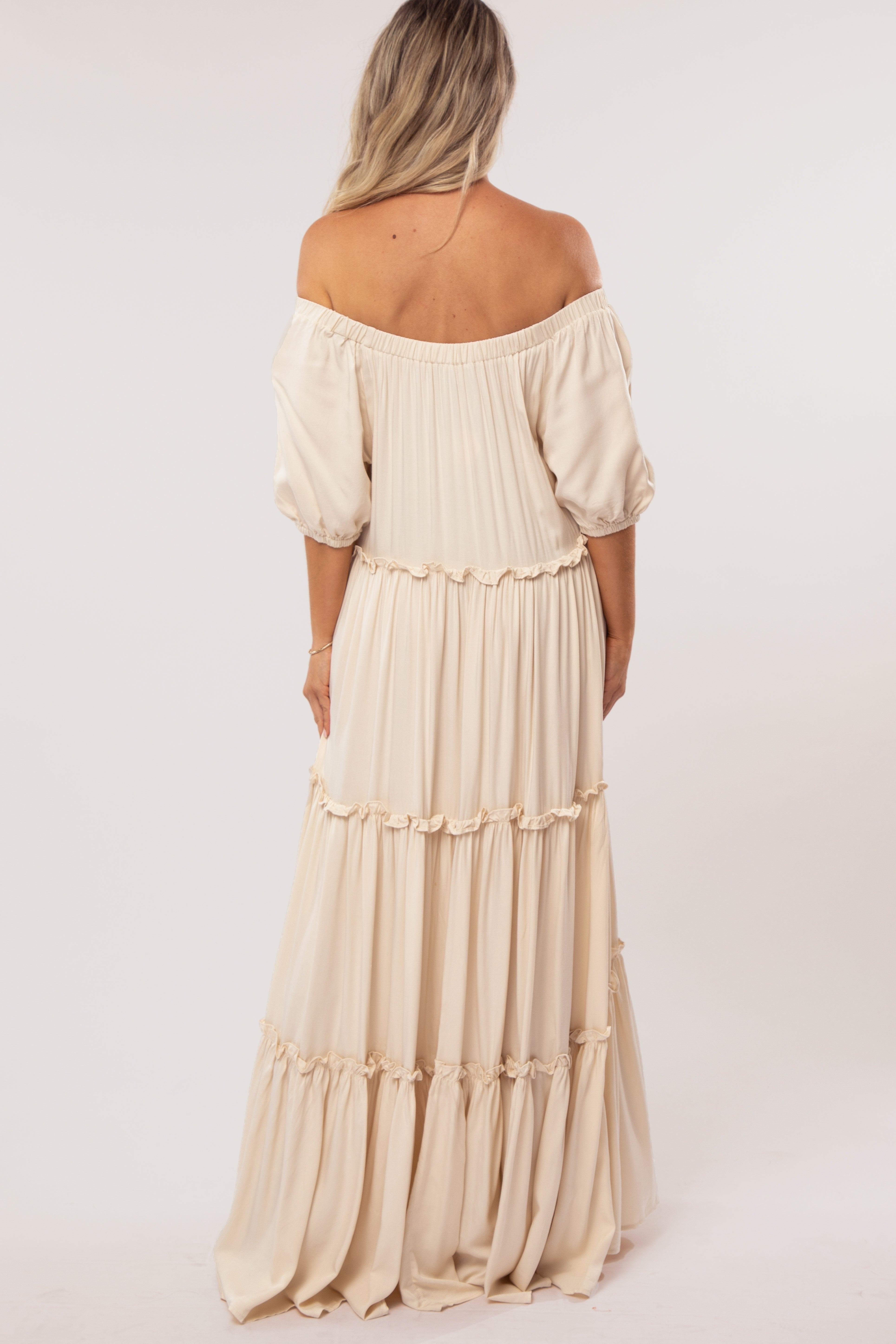 Cream Off Shoulder Ruffle Tiered Maternity Maxi Dress PinkBlush