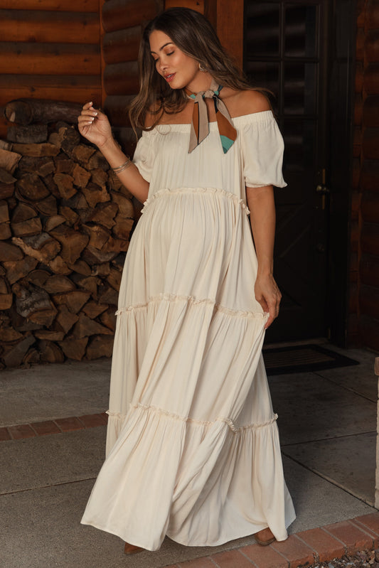 Cream Off Shoulder Ruffle Tiered Maternity Maxi Dress PinkBlush