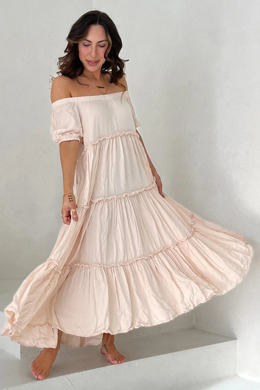 Cream Off Shoulder Ruffle Tiered Maxi Dress PinkBlush