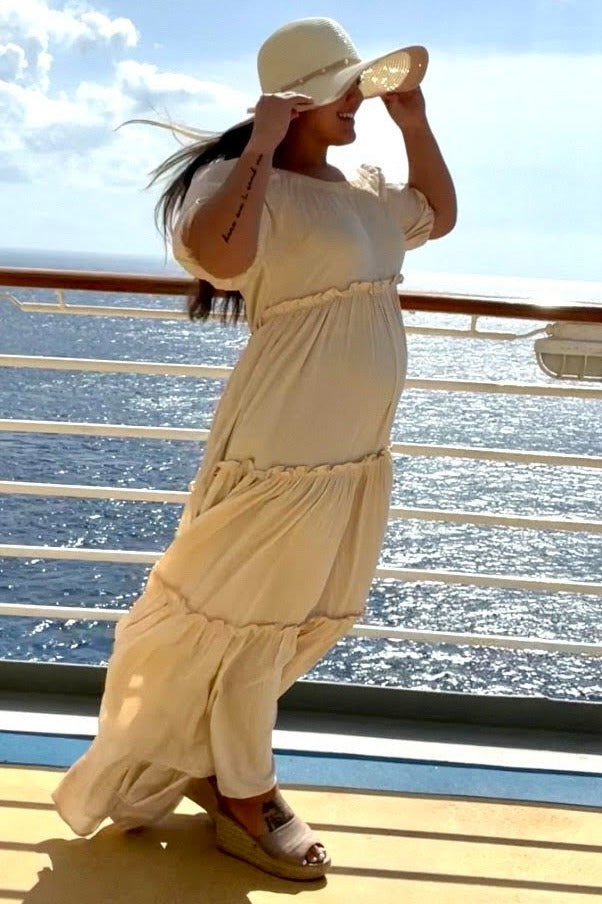 Cream Off Shoulder Ruffle Tiered Maternity Maxi Dress PinkBlush