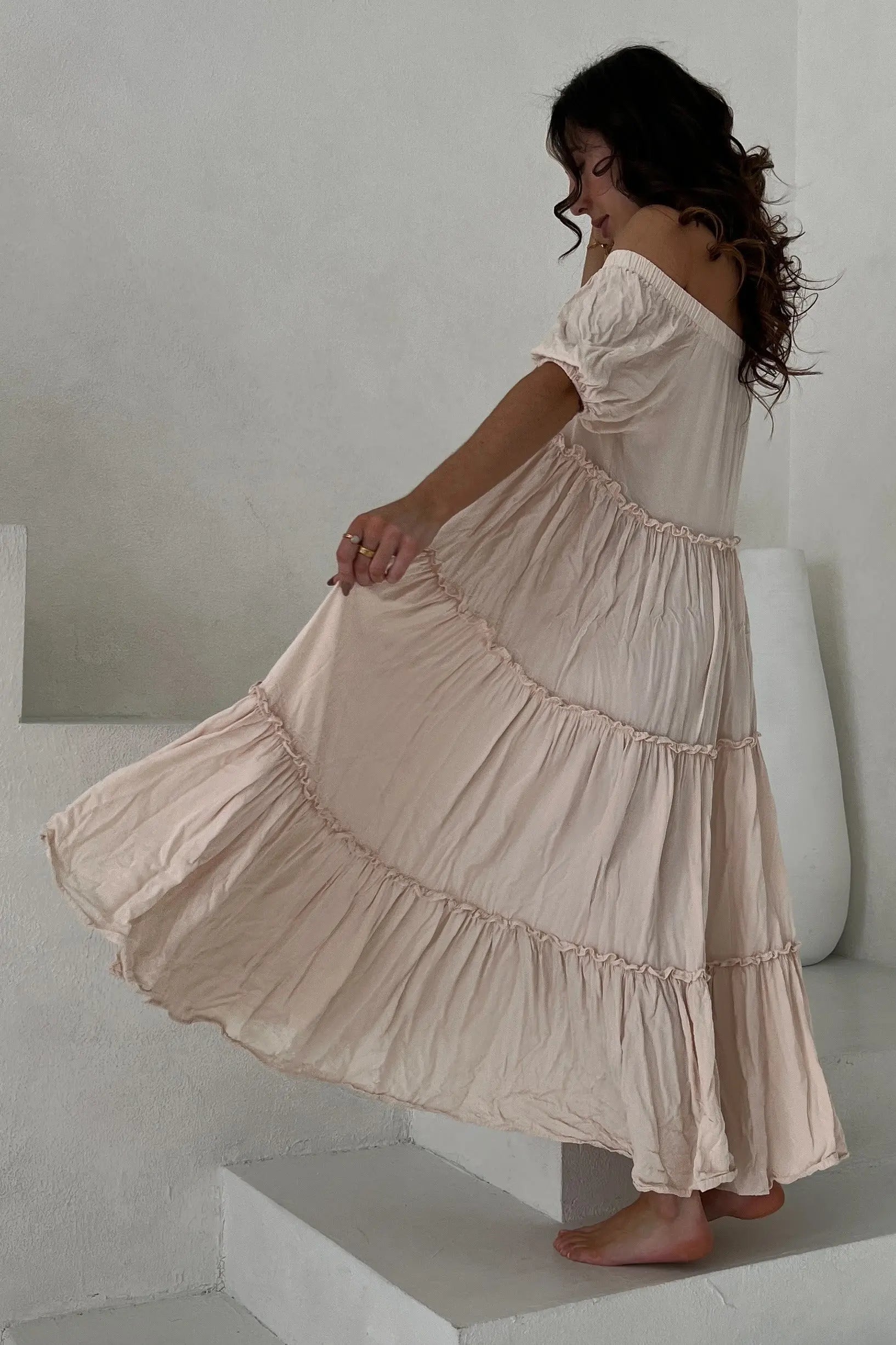 Cream Off Shoulder Ruffle Tiered Maxi Dress PinkBlush