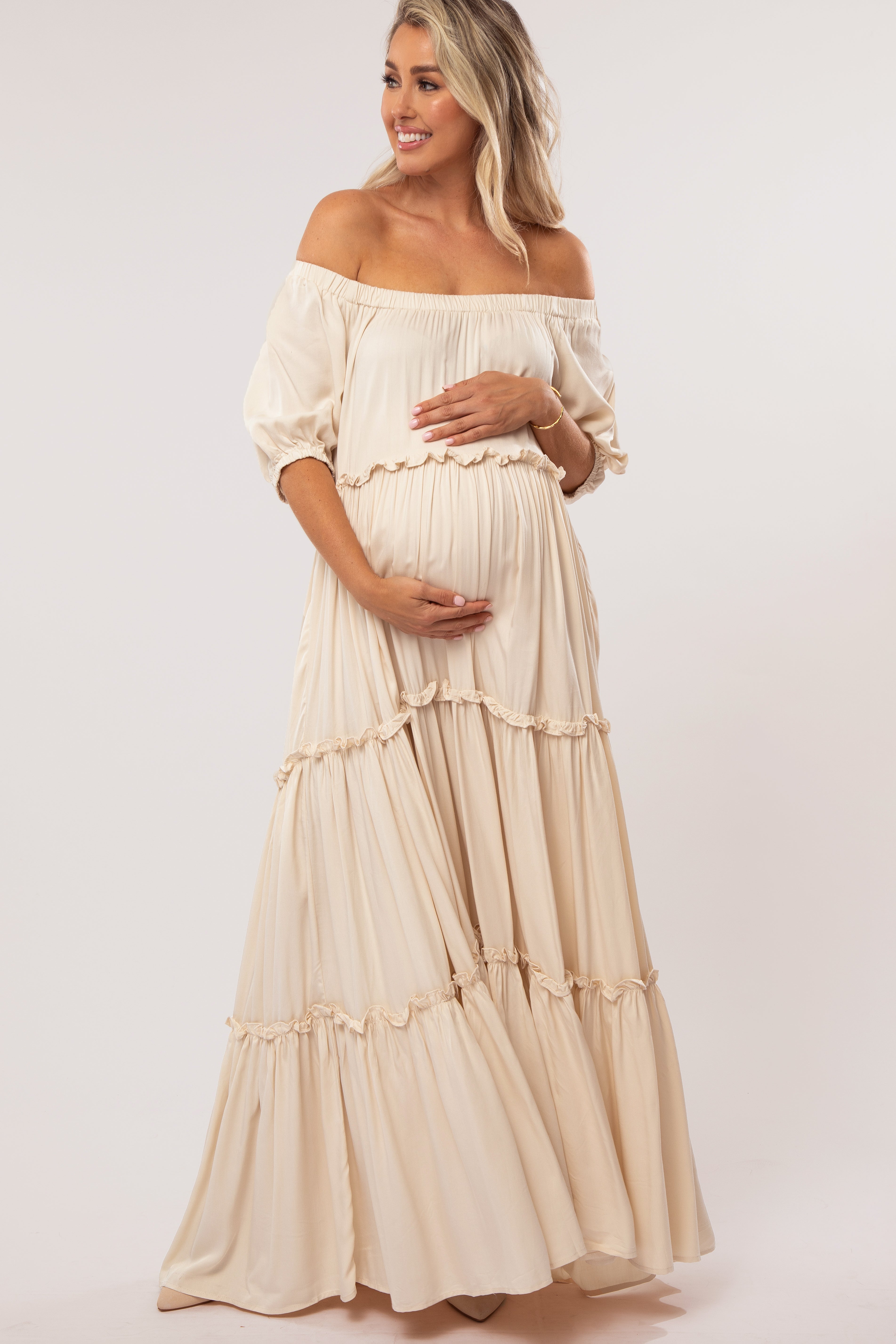 Cream Off Shoulder Ruffle Tiered Maternity Maxi Dress PinkBlush