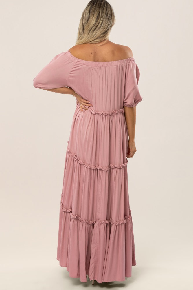 Mauve Off Shoulder Ruffle Tiered Maternity Maxi Dress PinkBlush