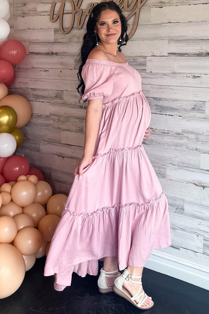 Mauve Off Shoulder Ruffle Tiered Maternity Maxi Dress PinkBlush
