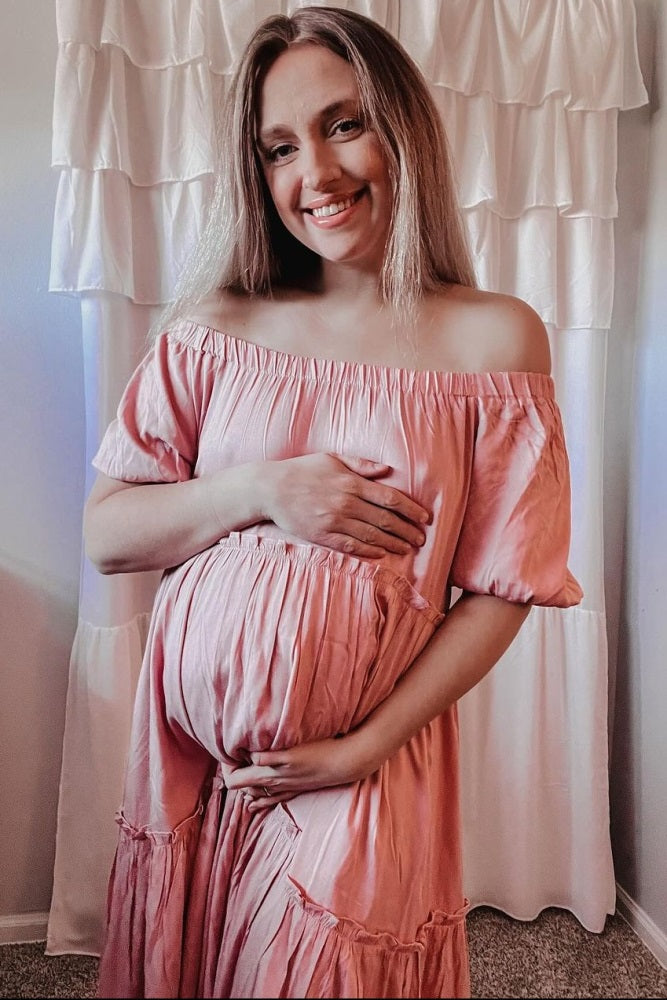 Mauve Off Shoulder Ruffle Tiered Maternity Maxi Dress PinkBlush