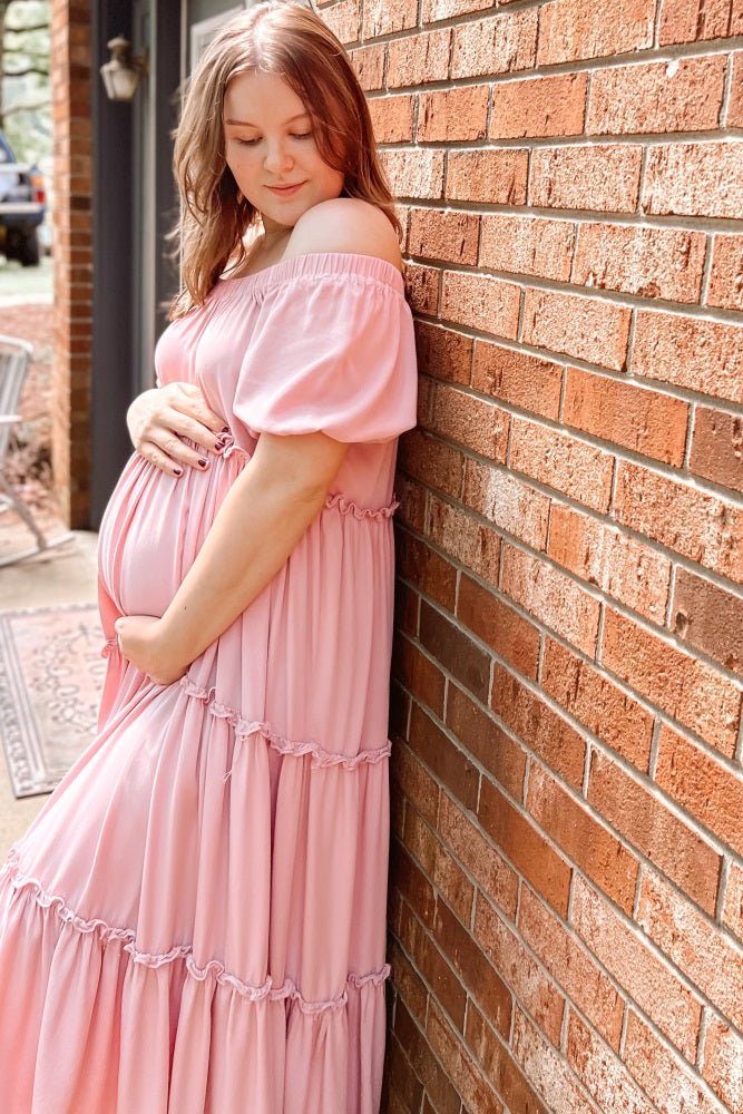 Mauve Off Shoulder Ruffle Tiered Maternity Maxi Dress PinkBlush
