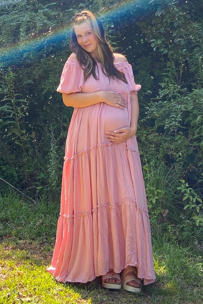Mauve Off Shoulder Ruffle Tiered Maternity Maxi Dress PinkBlush