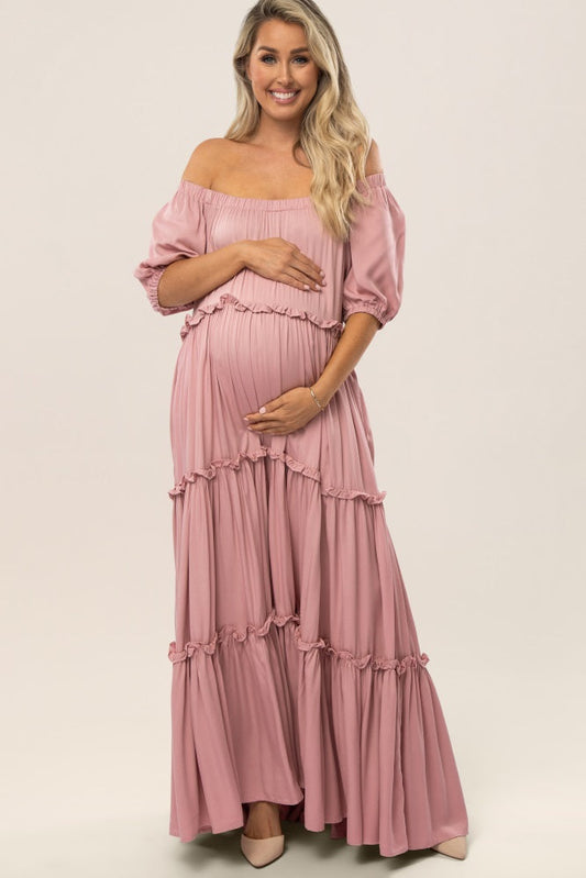 Mauve Off Shoulder Ruffle Tiered Maternity Maxi Dress PinkBlush