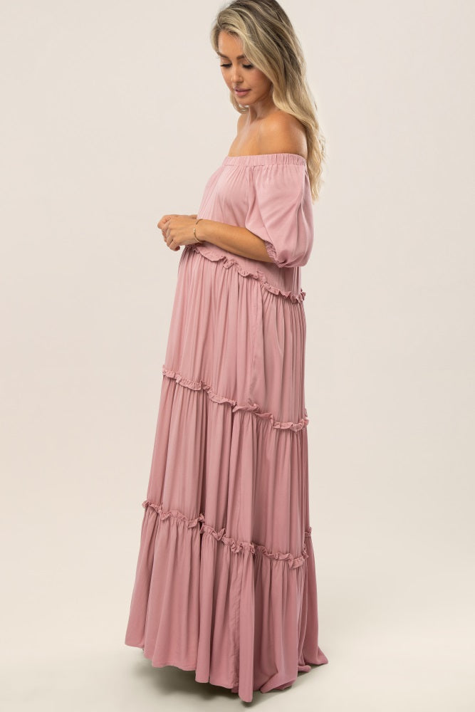 Mauve Off Shoulder Ruffle Tiered Maternity Maxi Dress PinkBlush