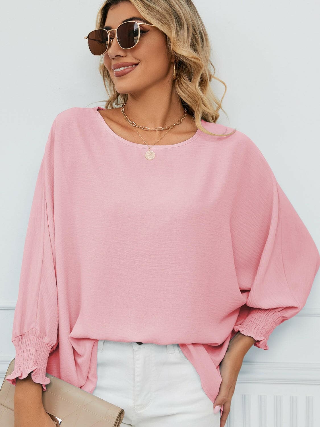 Smocked Lantern Sleeve Round Neck Blouse.